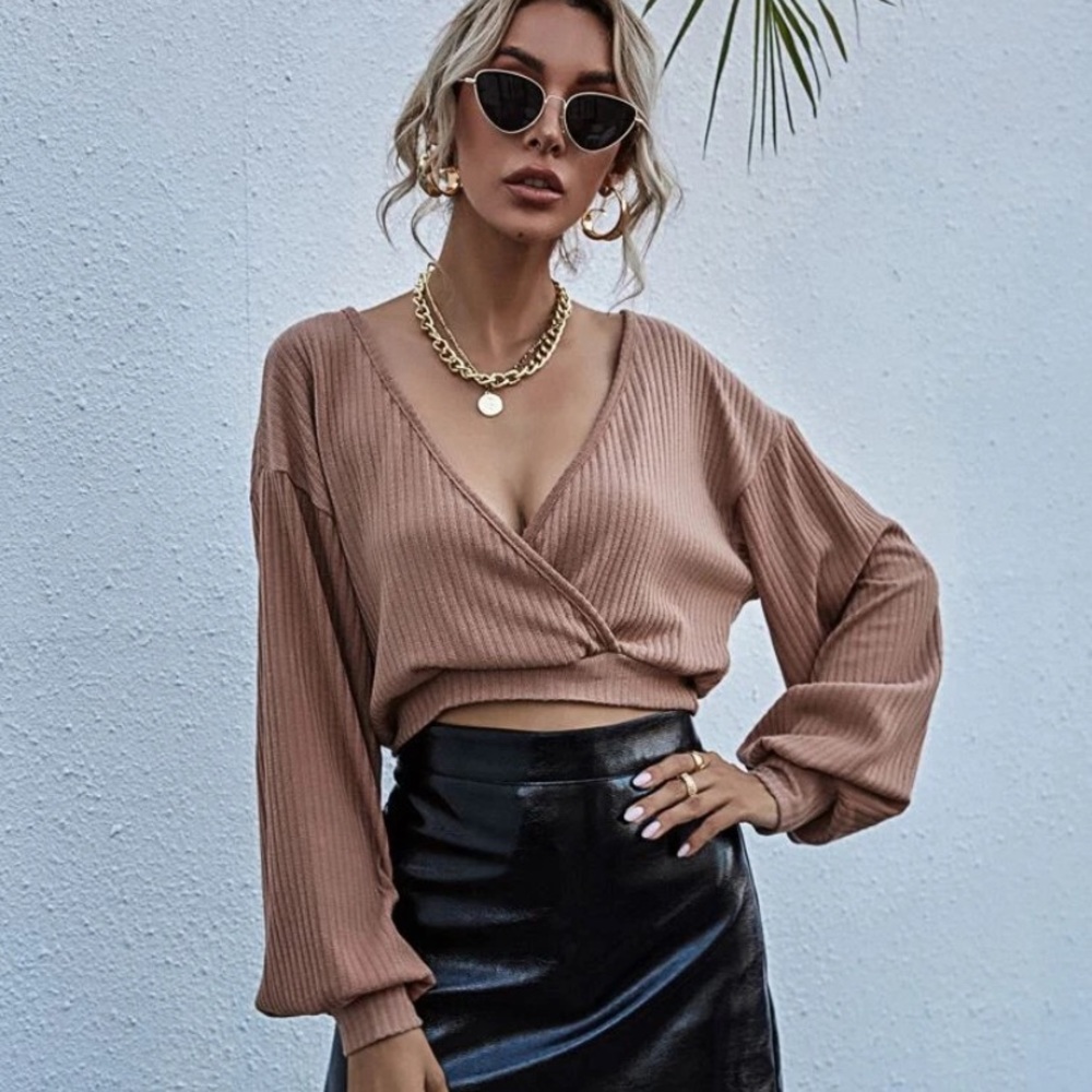 V Neck Plunge Drop Shoulder Rib Knit Crop Pullover